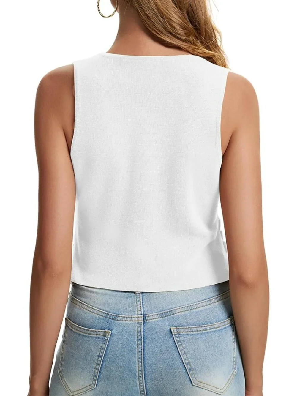 Women's White Sleeveless Button Up Knit Imported Casual Sweater Vest Tank Tops